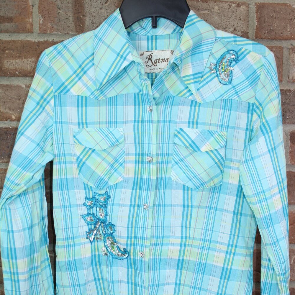 Ratna Shirt Womens M Medium Plaid Rhinestone Buttons Long Sleeve Embroidered